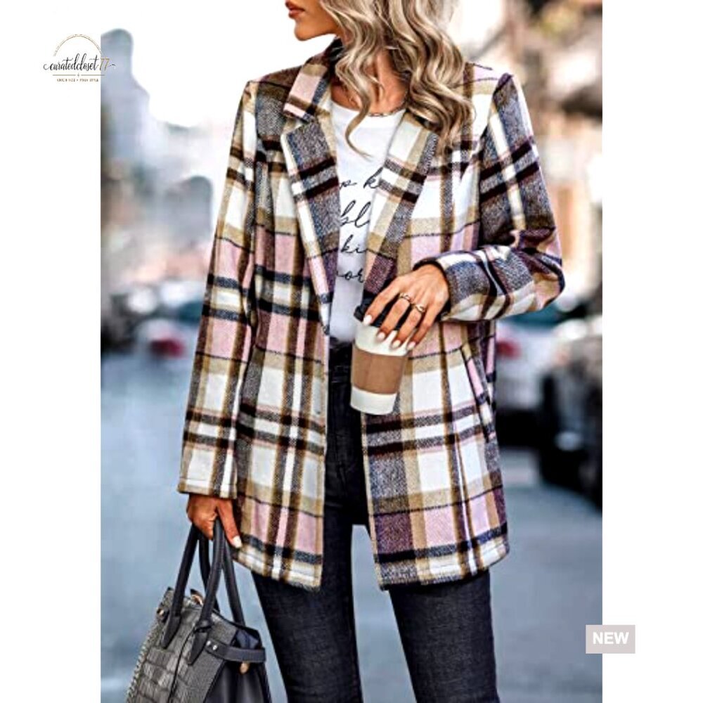 Plaid Shacket Jacket Trendy Fall Casual Button Wool Blend Trench Coat Winter - Picture 4 of 7